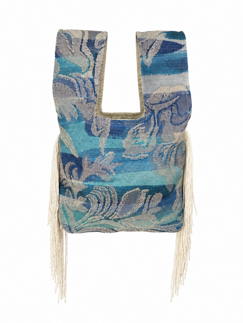 The Daydreamer handmade Japanese knot bag with blue floral fabric and cream side fringe