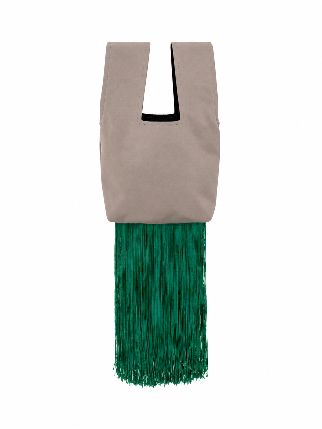 The Free Spirit handmade Japanese knot bag with taupe fabric and long green fringe