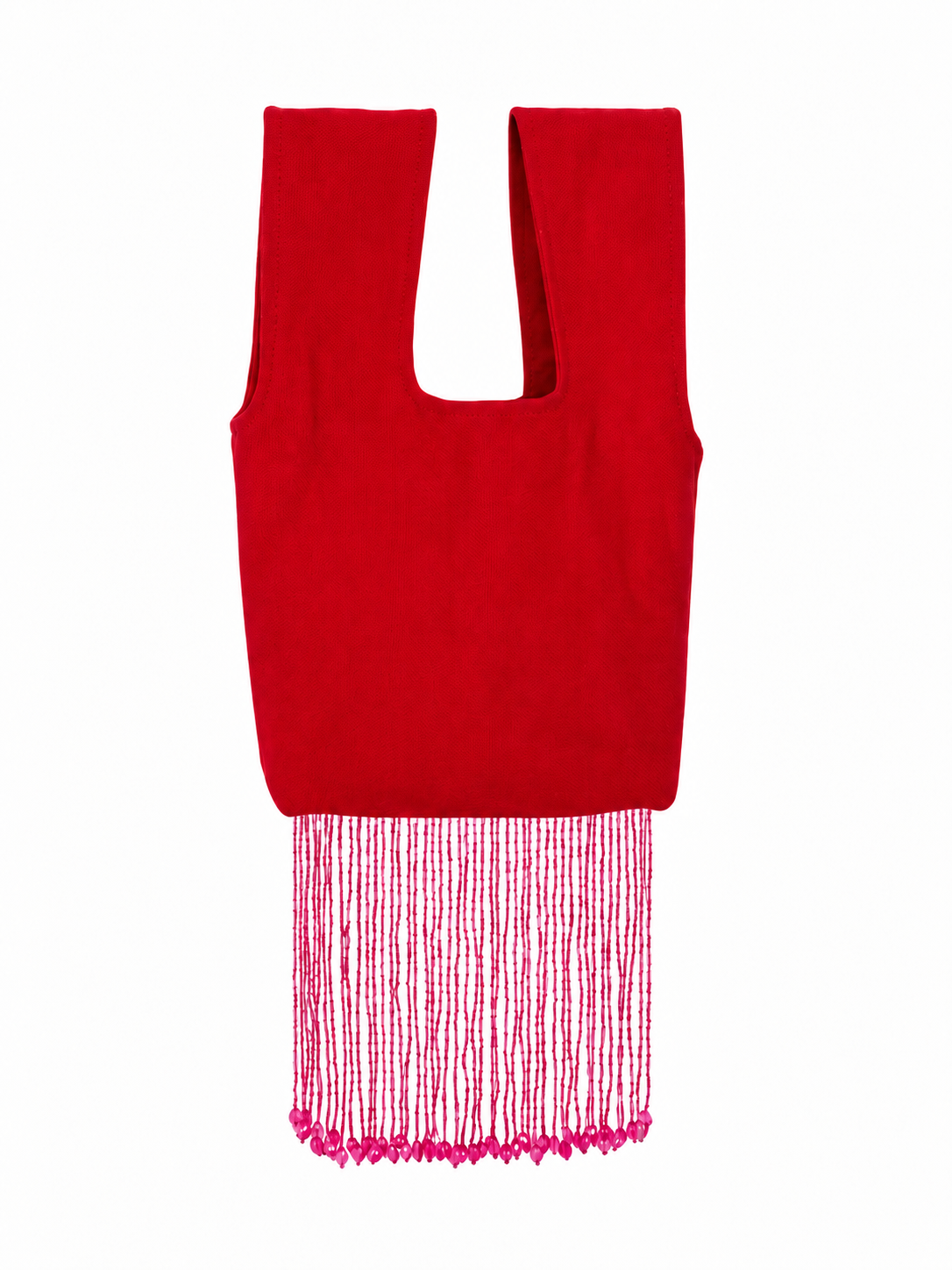 The Flirt red Japanese knot bag with pink beaded fringe