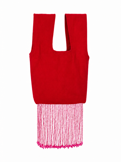 The Flirt red Japanese knot bag with pink beaded fringe