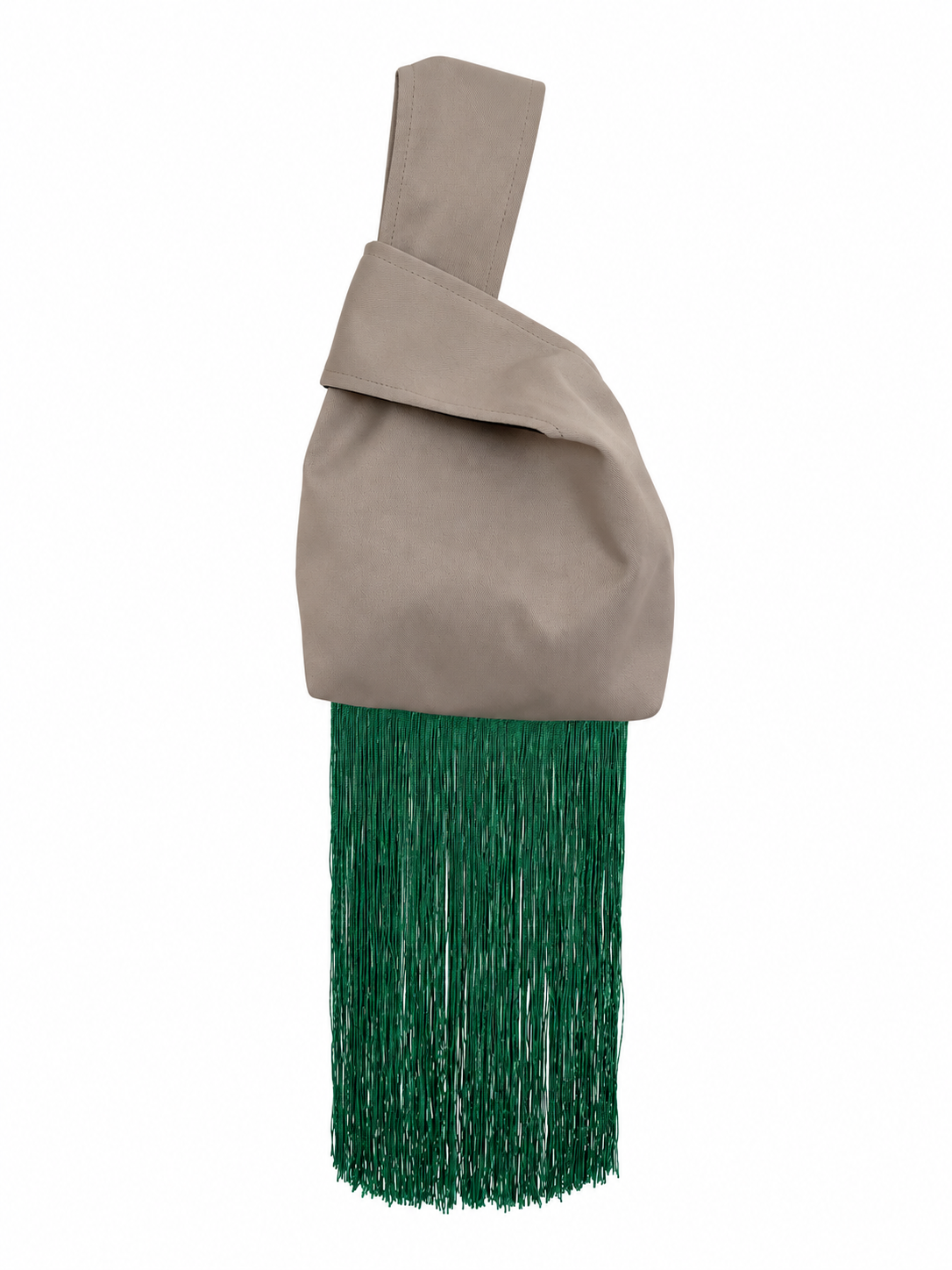 The Free Spirit taupe Japanese knot bag with closed handles and extra long green fringe