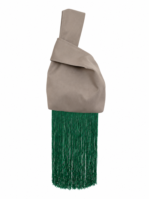 The Free Spirit taupe Japanese knot bag with closed handles and extra long green fringe