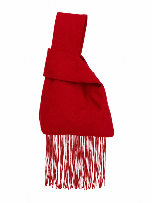 The Heartbreaker red Japanese knot bag with closed handles and red bottom fringe