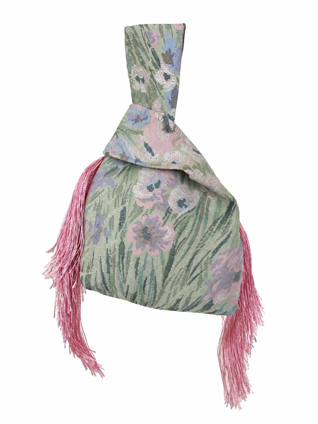 The Late Bloomer pastel floral Japanese knot bag with closed handles and pink side fringe