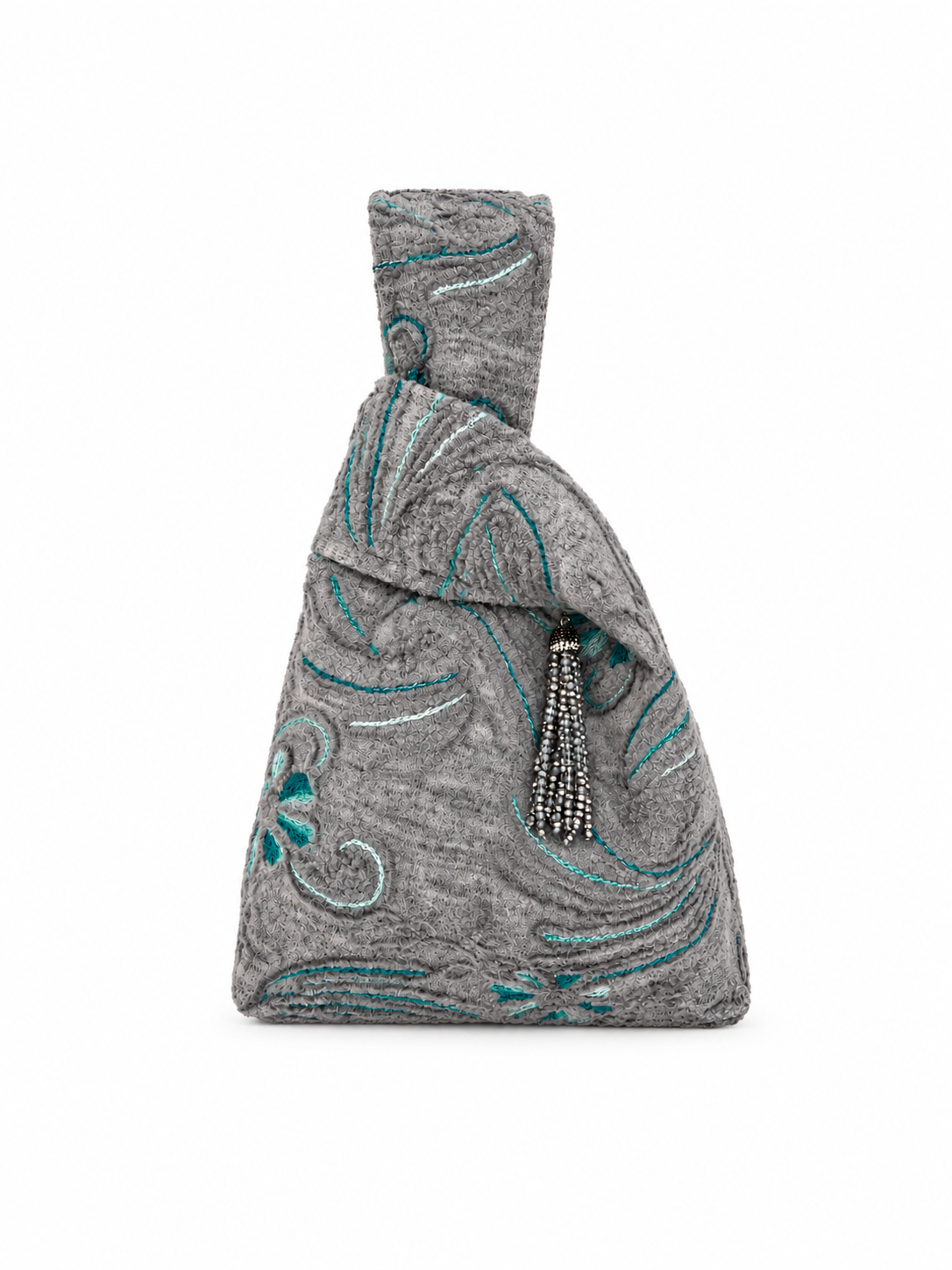 The Muse grey embroidered Japanese knot bag with closed handles and sparkling tassel