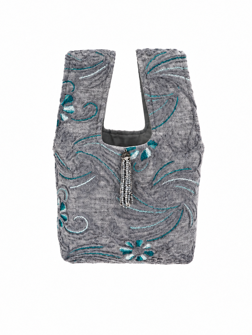 The Muse handmade grey embroidered Japanese knot bag with sparkling tassel