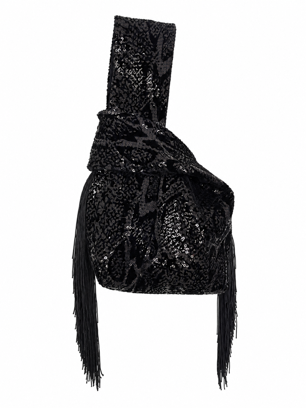 The Night Owl black sequin Japanese knot bag with closed handles and black side fringe