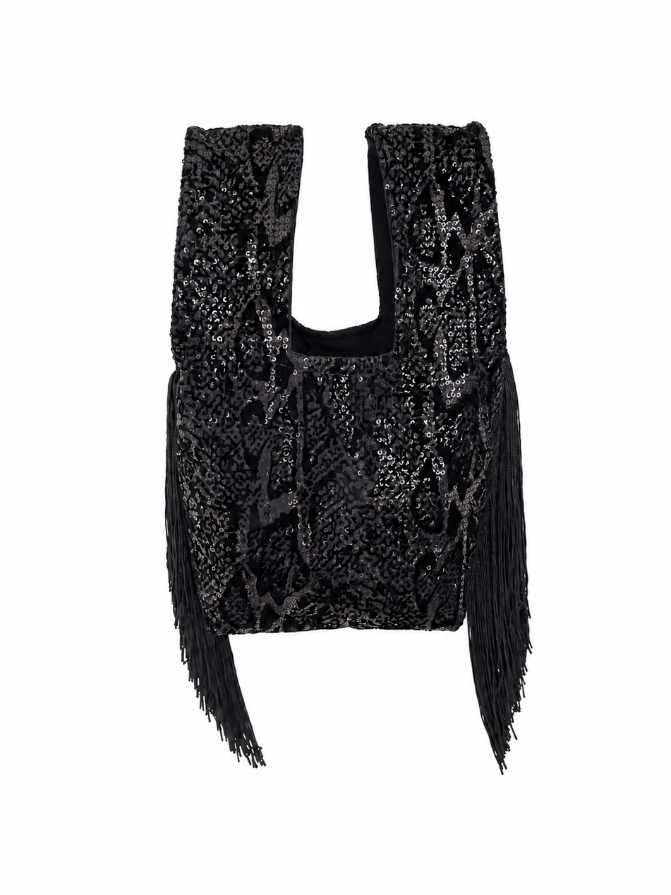 The Night Owl handmade Japanese knot bag with black sequins and black side fringe
