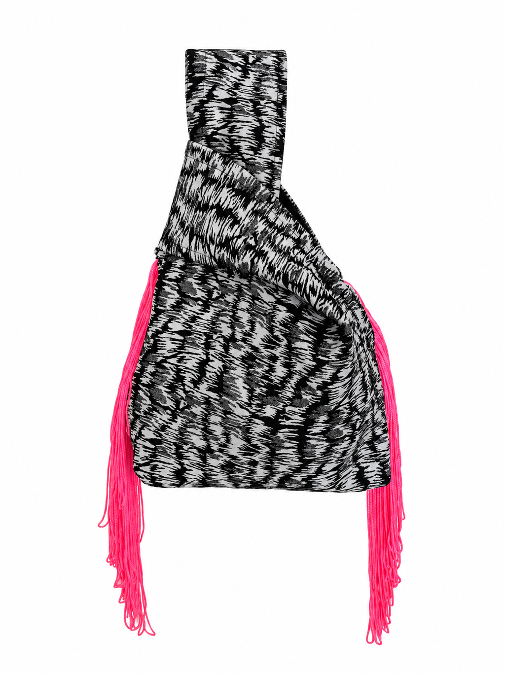 The Wild Card black and white Japanese knot bag with closed handles and hot pink side fringe