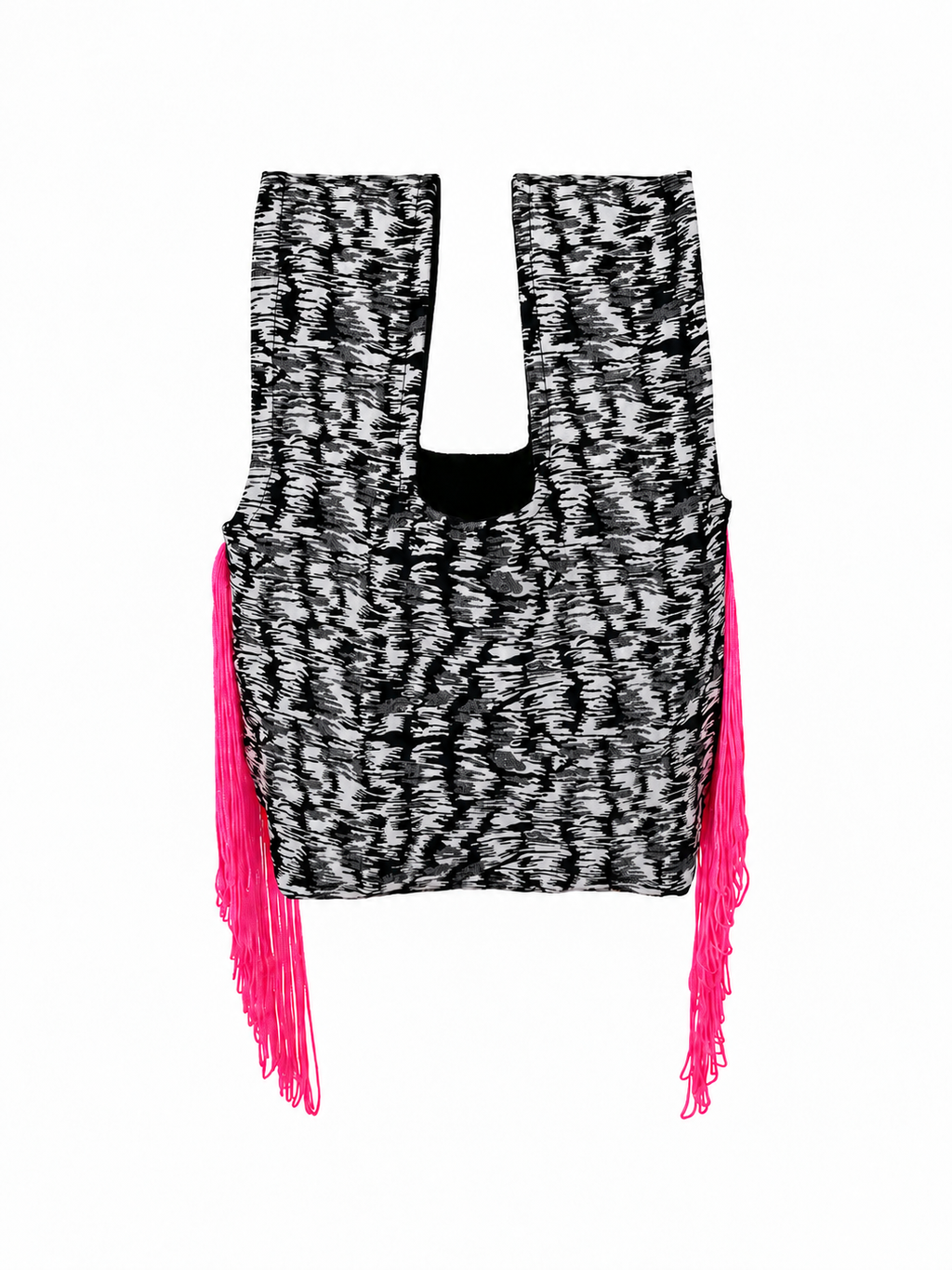 The Wild Card handmade Japanese knot bag with black and white fabric and pink side fringe