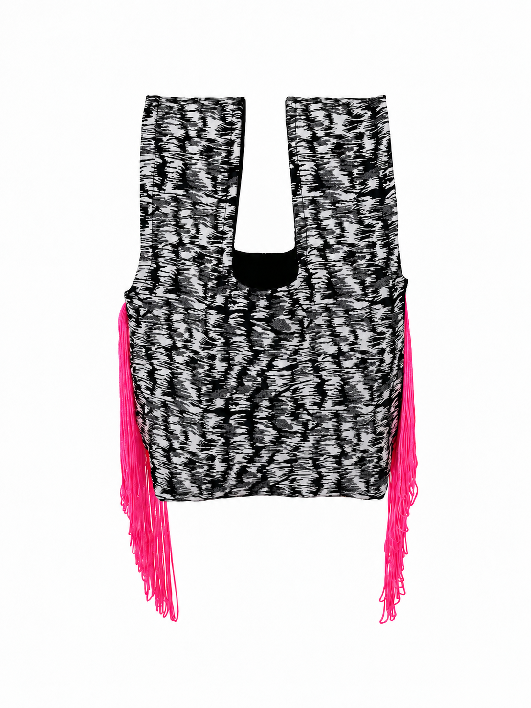 The Wild Card handmade Japanese knot bag with black and white fabric and pink side fringe