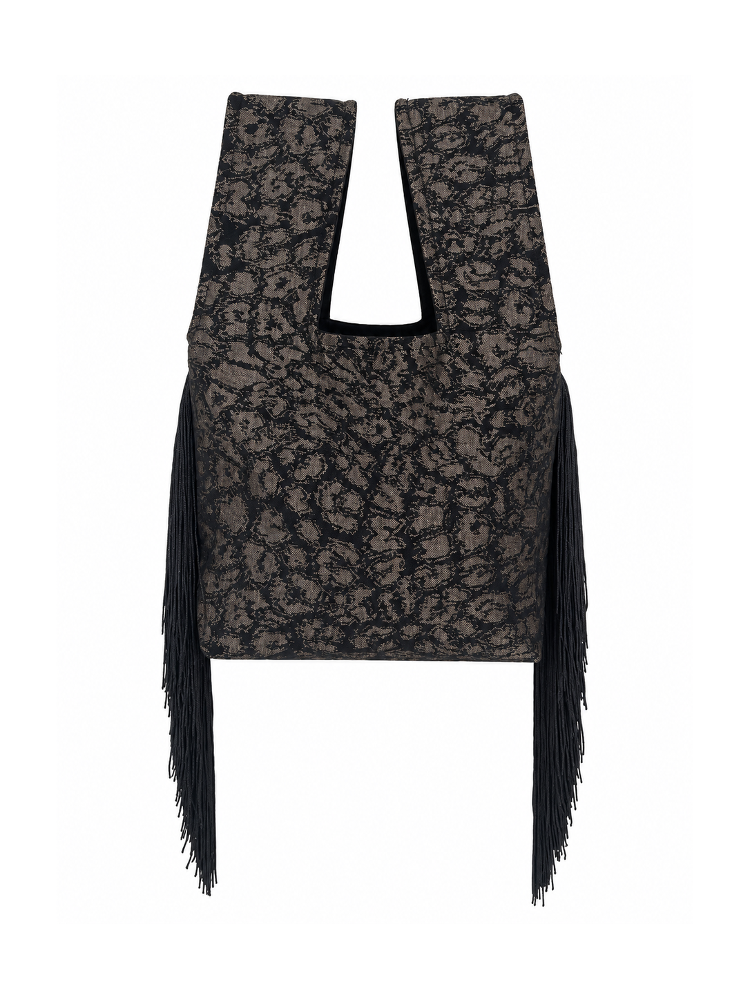 The Old Flame handmade dark floral Japanese knot bag with open straight handles and black side fringe