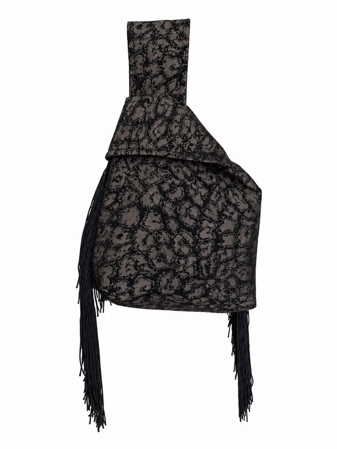 The Old Flame handmade dark floral Japanese knot bag with closed handles and black side fringe