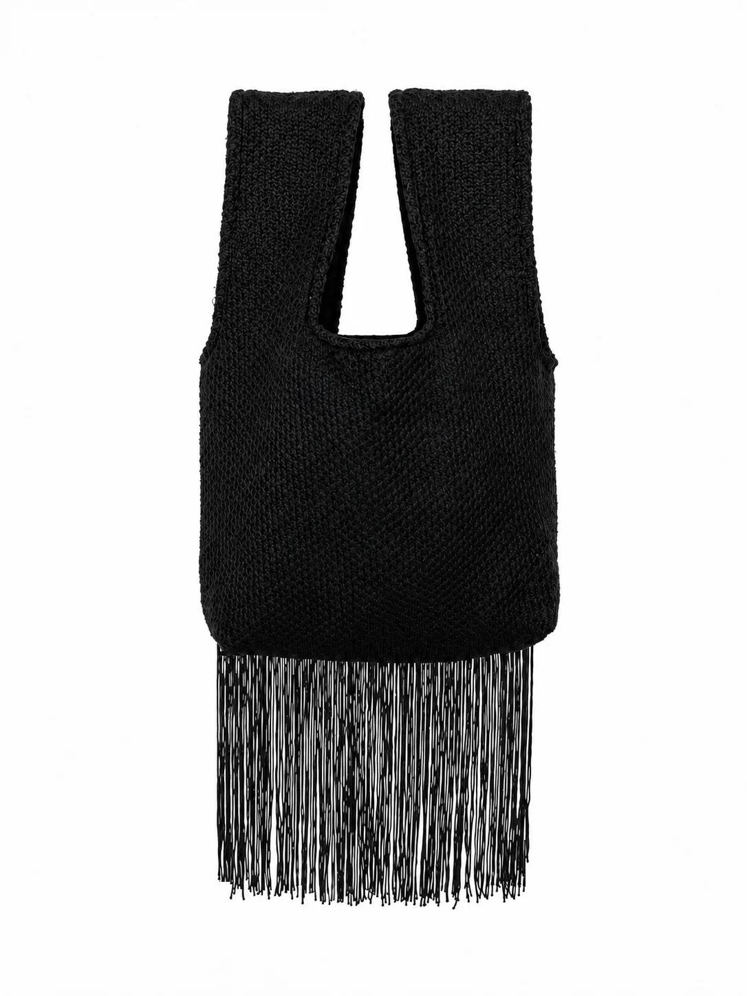 The Socialite handmade Japanese knot bag with textured black fabric and long black fringe