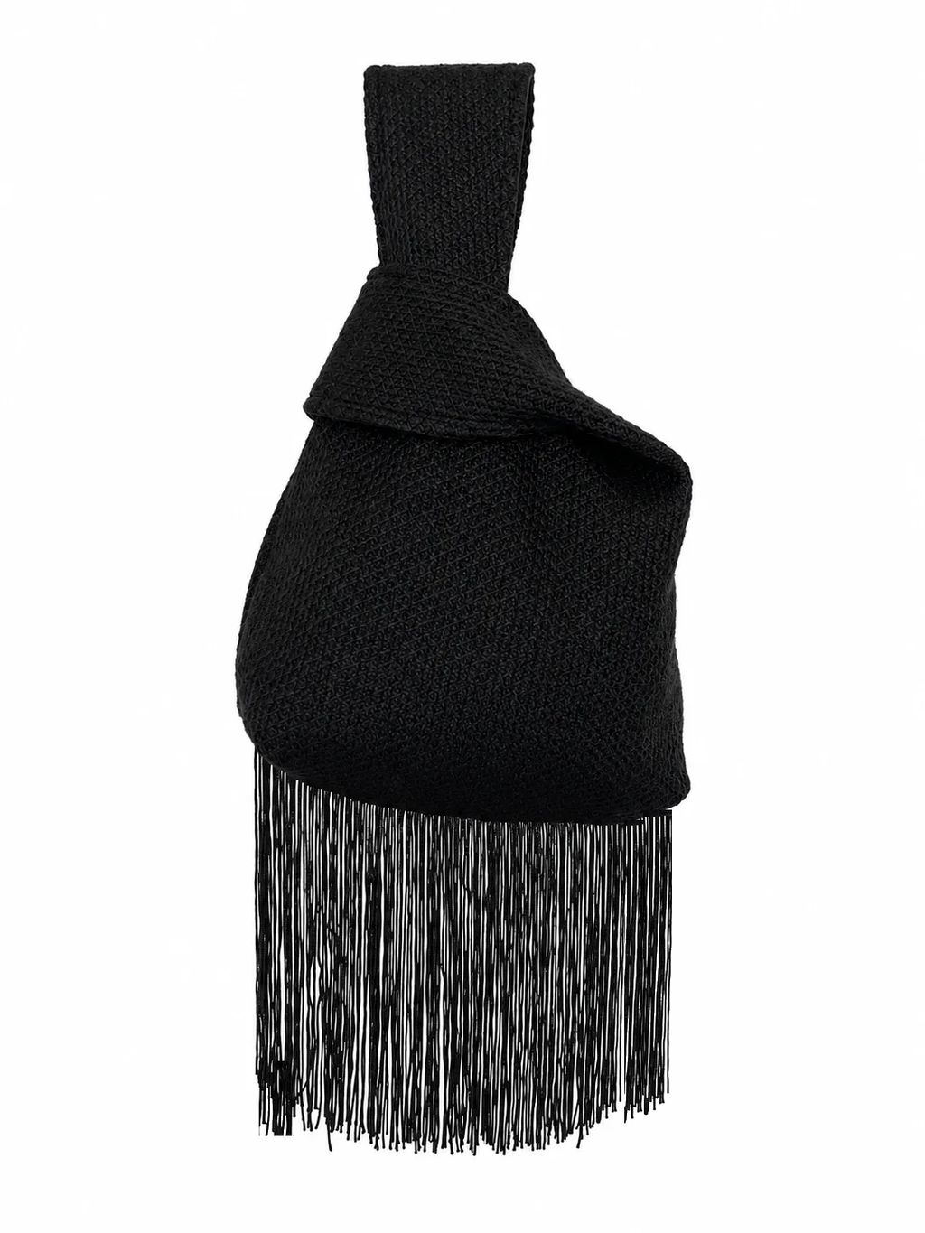 The Socialite textured black Japanese knot bag with closed handles and black bottom fringe