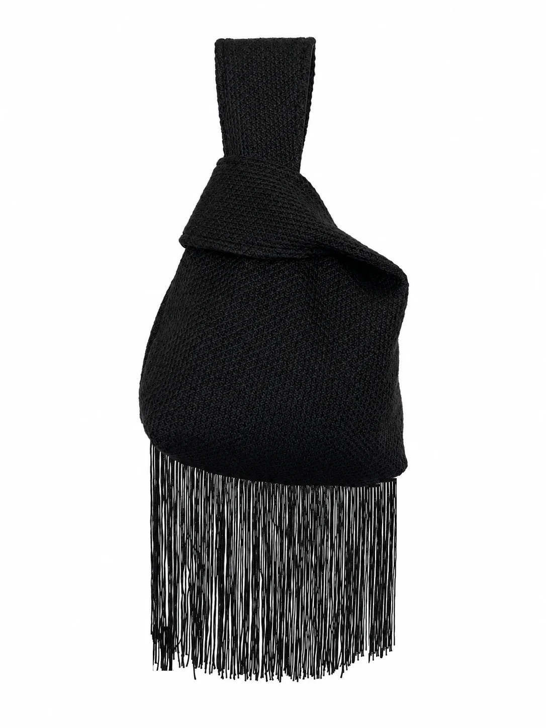 The Socialite textured black Japanese knot bag with closed handles and black bottom fringe